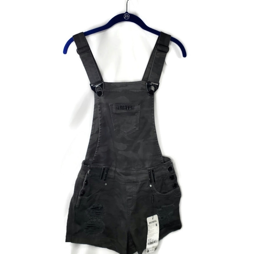 PIT BULL Jardidineira Black Camo Distressed Overalls Shortalls Shorts Size 4 NWT